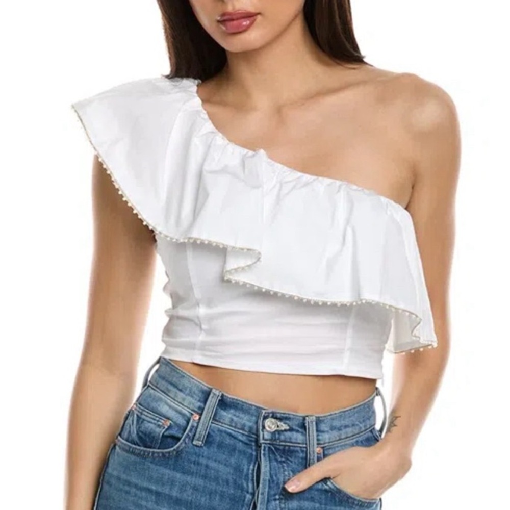 Wildfox Davenay Top in White One Shoulder Ruffle Voluminous Crop Top Beaded XL